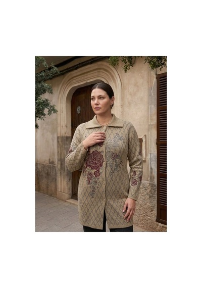 Onno Style Women Ekose Gül Pike Desenli Çelik Örgü Kadın Triko Kaban Bej