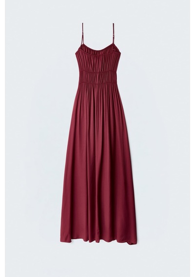 Sateen Askılı Uzun Elbise - Bordo-137495