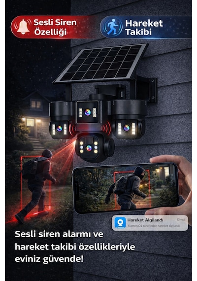 Sim Kartlı Üç Motorize Kameralı Siren Alarmlı Güneş Panelli Gece Görüşlü Güvenlik Kamerası