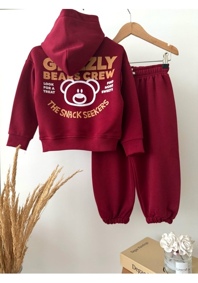 Magu Çocuk Ayıcık Baskılı Bordo Kapüşonlu Sweatshirt Ve Eşofman Altı Takımı Çok Renkli