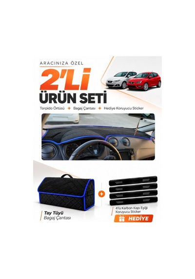 E-biz Seat Ibıza 2008-2017 Uyumlu Torpido Örtüsü + Tay Tüyü Bagaj Çantası - Siyah-mavi - Se004