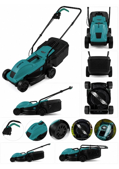 Schatz 1200w Elektrikli Bakır Sargılı Tekerlekli Çim Biçme Makinesi Mavi 30 Litre Toplama Torbalı