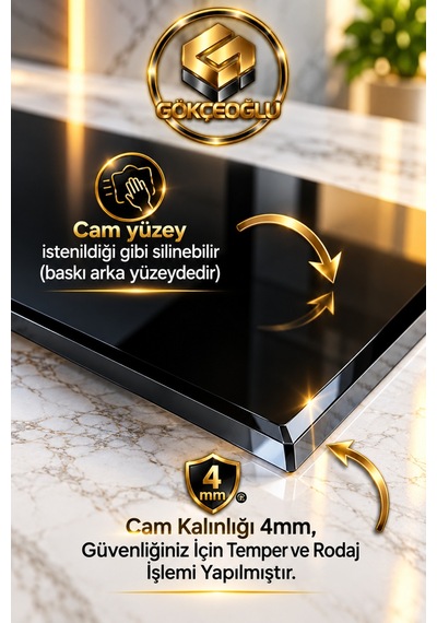 Gökçeoğlu Cam Mutfak Seti 3'lü Set Ocak Arkası Koruyucu Oval Şekilli 52x60 Cm Kesme Tahtası 20x30 Cm 4'lü Bardak Altlığı 10x10 Cm Çok Renkli