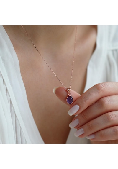 Ametist Doğal Taş Rose Gold Kaplama Gümüş Kolye Gümüş