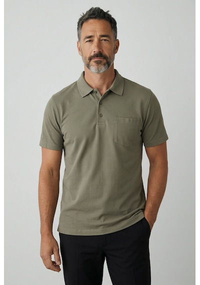 Erkek Yakalı Cepli Pike Lacoste Kumaş Haki Baba Tshirt