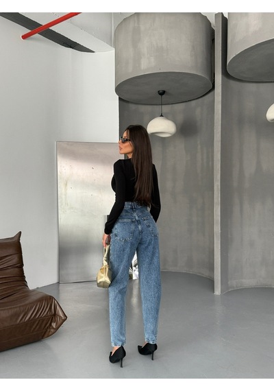 Yüksek Bel Buz Mavisi Mom Jeans Mavi