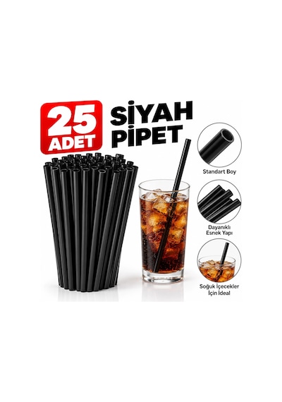 Siyah Pipet 25 Adet Plastik Pipet İçecek Pipeti Kokteyl Ve Soğuk İçecekler İçin
