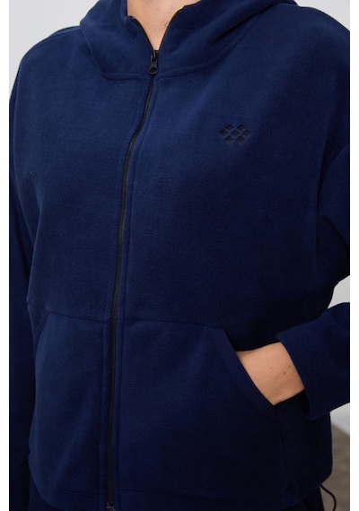 Tommy Life Lacivert Kalın Yumuşak Dokulu Kapüşonlu Oversize Nakışlı Polar Kadın Eşofman Takım -95338 Lacivert