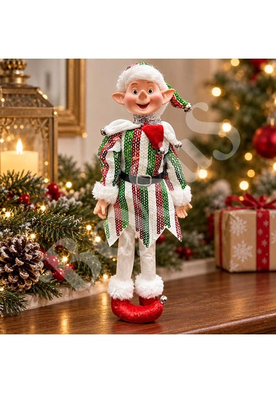Beysüs Yılbaşı Çam Ağacı Süsü Kırmızı Beyaz Yeşil Çizgili Elf Figürü 36 Cm