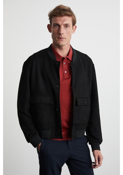 Grimelange Preppy Erkek Organik Pamuklu Çift Cepli Düğmeli Regular Fit Yuvarlak Yakalı Siyah Ceket