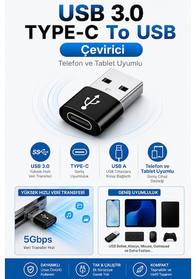 C-595 Usb 3.0 Type C Usb A Otg Adaptör Yüksek Hızlı Veri Aktarım Dönüştürücü Tak Çalıştır