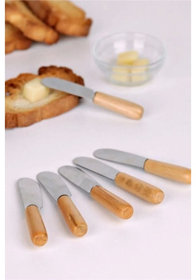 Mybru Terayağ Bal Çikolata Bıçağı, 6 Lı Ahşap Saplı Kahvaltı Spatulası Metal