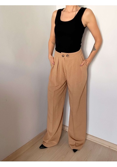 Camel Çift Pileli Keten Pantolon Camel
