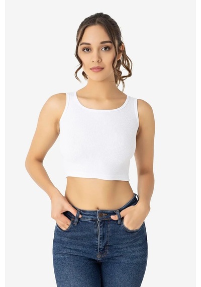 Grey Cat Ev Giyimi Modern Bluz Spor Giyim Kadın Pamuklu Fitilli Halter Yaka Kalın Askılı Crop Beyaz