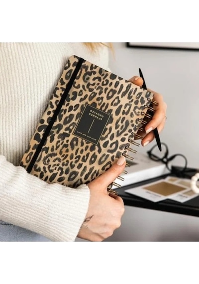 Leopar Desenli A5 Spiralli Süresiz Planlayıcı Ajanda, 15x21 Cm Açık Gri