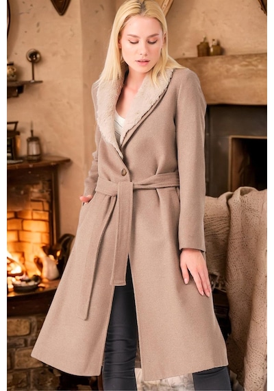 Z6671 Dewberry Bayan Palto-düz Bej-düz Bej