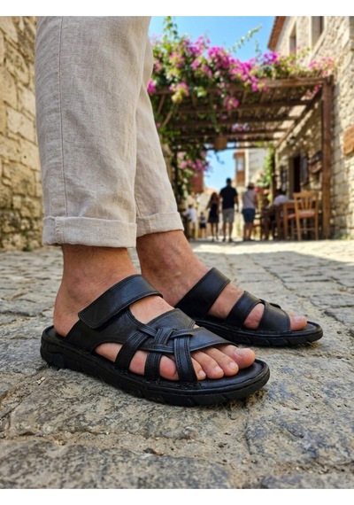 Ern Shoes İçi Dışı Hakiki Deri Ortopedik Erkek Terlik Sandalet Beyaz