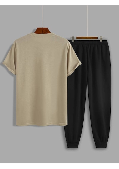 Uyguntarz Unisex Beyaz Fs Baskılı Siyah Kargo Eşofman Takımı Bej