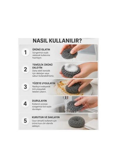 Mucit Home 5 Adet Paslanmaz Çelik Çizmez Bulaşık Tel Süngeri Kolay Kullanım Mutfak Banyo