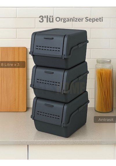3'lü Set Organizer Erzak Kutusu Bpa Free Saklama Kutusu Soğanlık Sebzelik Sepet Antrasit 8 Lt X 3 Antrasit