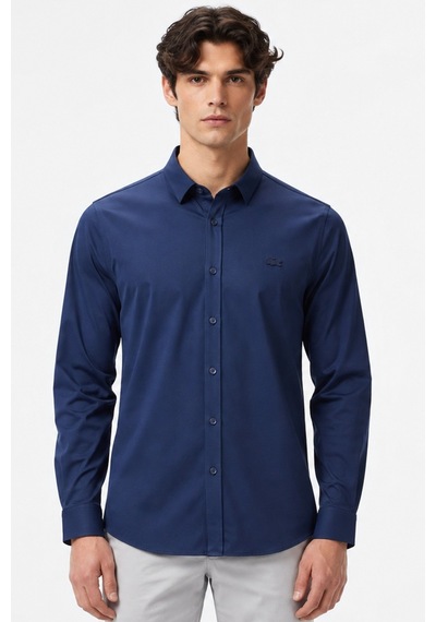 Lacoste Mens Slim Fit Navy Cotton Shirt Dar Kesim Erkek Gömlek Lacivert