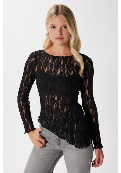 Ritnice Angel Asimetrik Siyah Uzun Kollu Dantel Top / Bluz Siyah