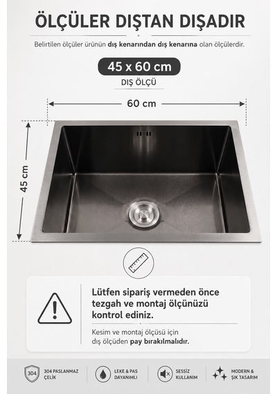 Inoxate Antrasit El Yapımı Paslanmaz Çelik Mutfak Evyesi 45x60