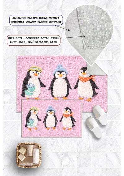 Penguen Desenli Dijital Baskılı Yıkanabilir 2li Banyo Paspası 50x60-60x100 Pembe