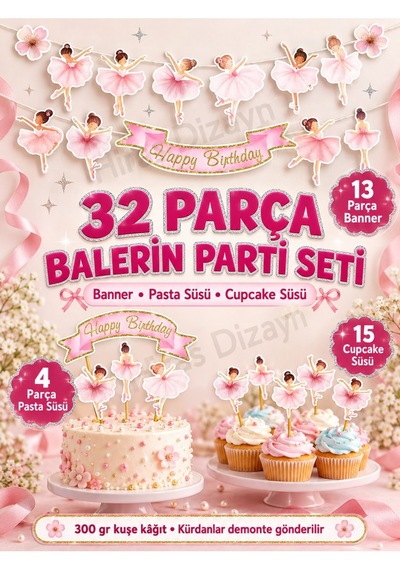 Hiras Dizayn Balerin Doğum Günü Süs Seti 32 Parça Banner Pasta Cupcake Standart