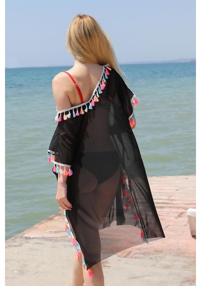 Modi Moda Çizgi Kadın Püsküllü Tunik Pareo Plaj Elbisesi Siyah 38048