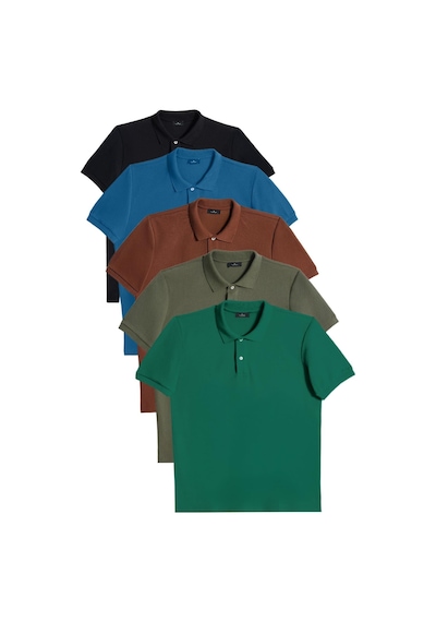 Tudors Erkek 5'li Paket Yeşil-haki-kahverengi-mavi-siyah Slim Fit Dar Kesim Pamuklu Düz Pike Polo Yaka Tişört-33807 Multi