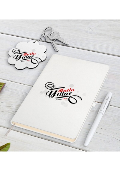 Kişiye Özel Yılbaşı Mutlu Yıllar Beyaz Defter Kalem ve Anahtarlık N11.1210 Beyaz