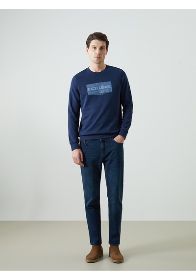 Lcwaıkıkı Classic Lacivert Bisiklet Yaka Uzun Kollu Baskılı Erkek Sweatshirt