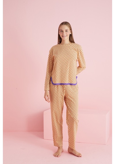 Siyah İnci Biyeli Örme Pijama Takım 7776 Turuncu Mor Yarım Ay