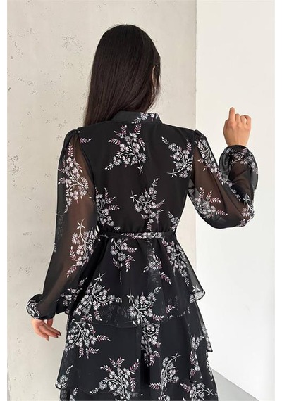 Neşeli Butik Kadın Astarlı Eteği Kat Kat Desenli Şifon Elbise Nbkklf2036 Siyah