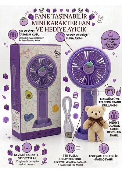 Taşınabilir Mini Fan Peluş Ayıcık Hediyeli Telefon Standlı Masaüstü Fan