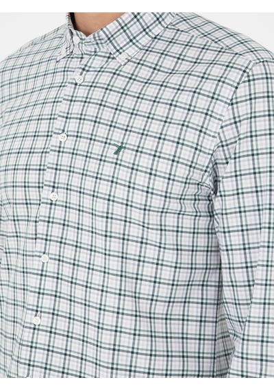 Cacharel Haki Slim Fit Pamuklu Kareli Gömlek Yeşil