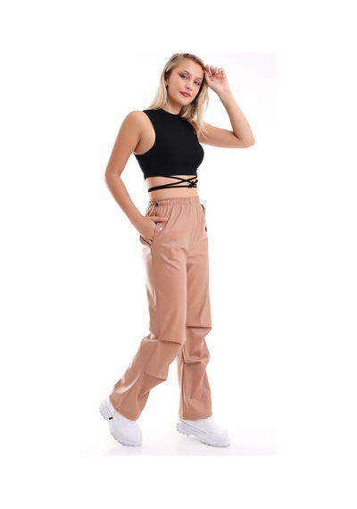 Winmoda34 Kadın Paçası Ayarlanabilir Cebi Kapaklı Yüksek Bel Deri Pantolon Camel