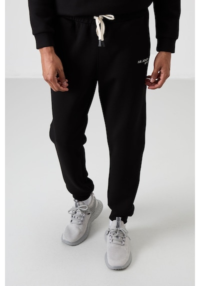 Tommy Life Ekru - Siyah Pamuklu Kalın Yumuşak Dokulu Comfort Fit Nakışlı Erkek Eşofman Takım - 85254 Siyah
