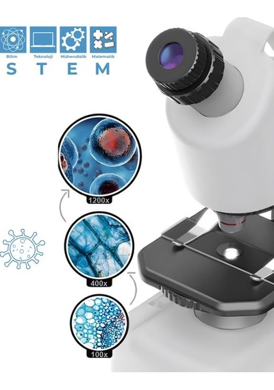 Temel Beyaz Stem Mikroskop Seti 100x 400x 1200x Plastik Gövdeli Bilim Kiti
