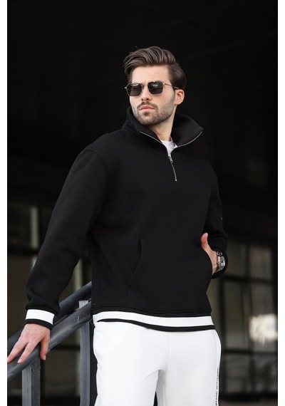 Madmext Siyah Fermuarlı Dik Yaka Kanguru Cep Erkek Sweatshirt E7159 Siyah