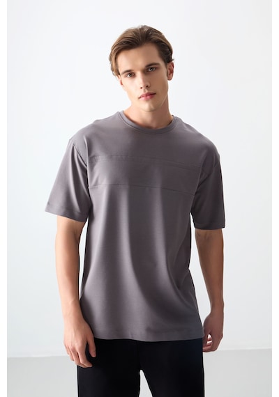Air Jones Tommy Life Koyu Gri Pamuklu Kalın Yumuşak Dokulu Oversize Fit Basic Erkek T-shirt - 88378 Koyu Gri