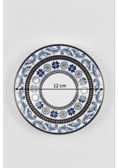 6 Kişilik Mavi Lacivert Çiçek Desen Yaldızlı Çay Tabağı 12cm Beyaz