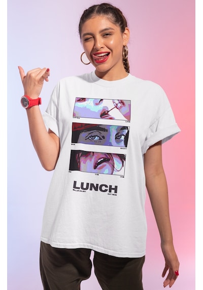 Sevbano Billie Eilish Lunch Baskılı Unisex Oversize Şarkıcı Tişört Beyaz