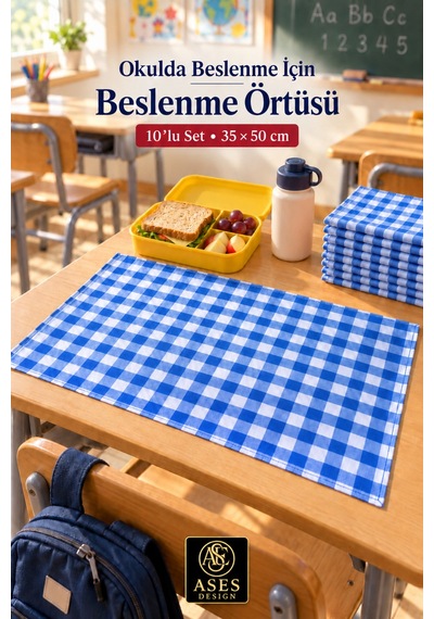 10 Lu Yıkanabilir Beslenme Örtüsü 35x50 Cm Mavi Beyaz Kareli Anaokulu Ve İlkokul