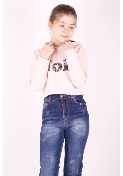 Toontoy Kız Çocuk Taş İşlemeli Kapşonlu Sweatshirt Pudra