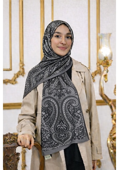 Shawl Secret Glamour Pamuklu Etnik Soft S Al 52826 Gri Siyah Etnik Desen Gri