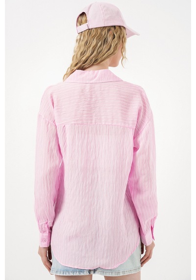 Bigdart Kadın Tek Cepli Çizgili Oversize Gömlek 20375 - Pembe