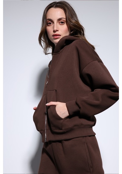 Antioch Fermuarlı Kapüşonlu Kadın Sweatshirt Kahve