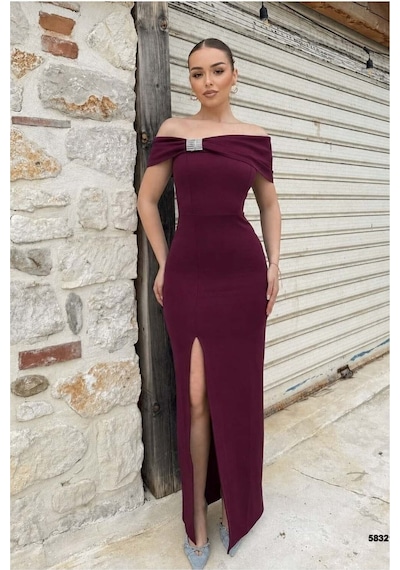 DefyModa Kadın Zarif Stil Straplez Taş Detaylı Yırtmaçlı Abiye Elbise Açık Mor